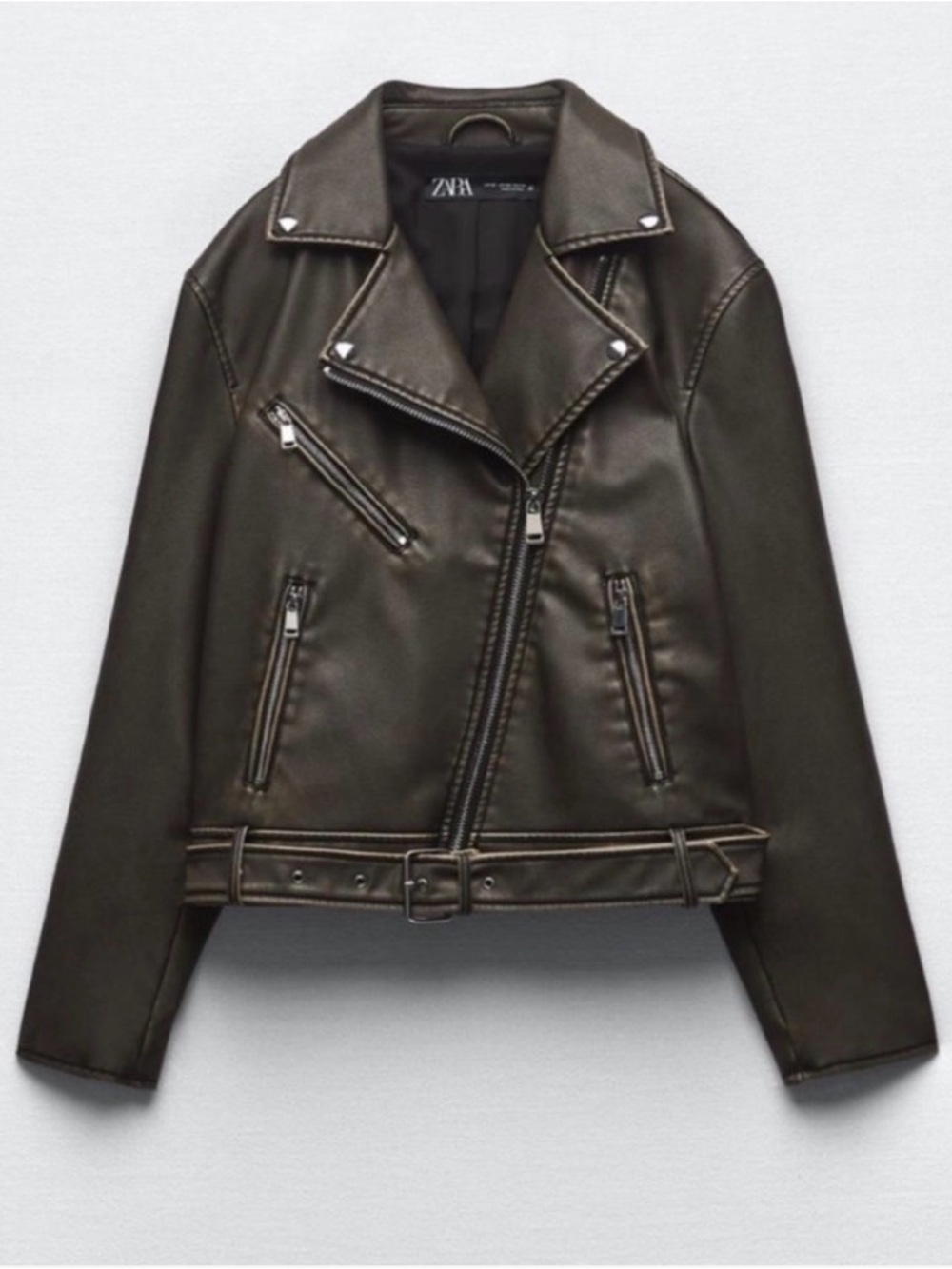 Zara Dark Brown Faux Leather Biker Jacket with Belt